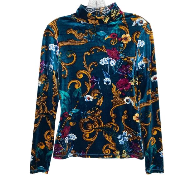 NWOT GUESS Top S Velour Velvet Floral Emerald-Green Blue High-Neck Stretchy - Picture 1 of 5